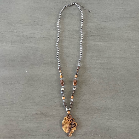 🐟 Carved Koi Fish Stone Pendant Knotted Thread Earth Colored Bead Boho Necklace - Picture 3 of 5